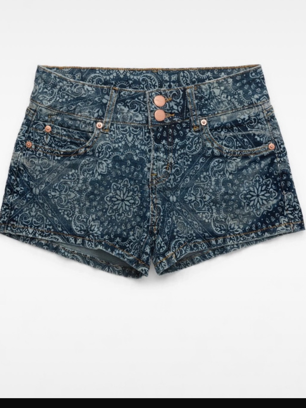 Bandana Print High-Rise Denim Shorts - Dark Blue